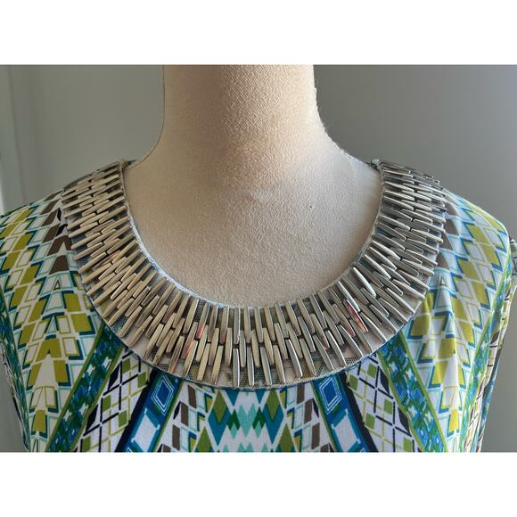 STUDIO ONE NY Shift Midi White Green Blue Sleeveless Embellished Neck Dress 18 - Picture 5 of 9